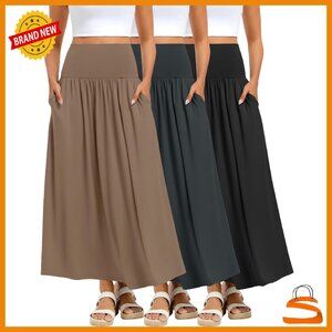 3 Pack Maxi Skirts High Waisted Pleated Flowy A-Line with Pockets